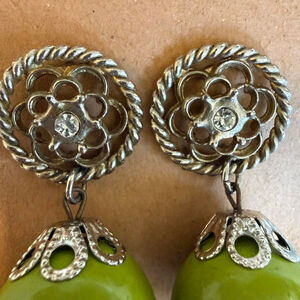 Vintage Style Silver Tone Floral Drop Earrings with Large Green Bead Dang